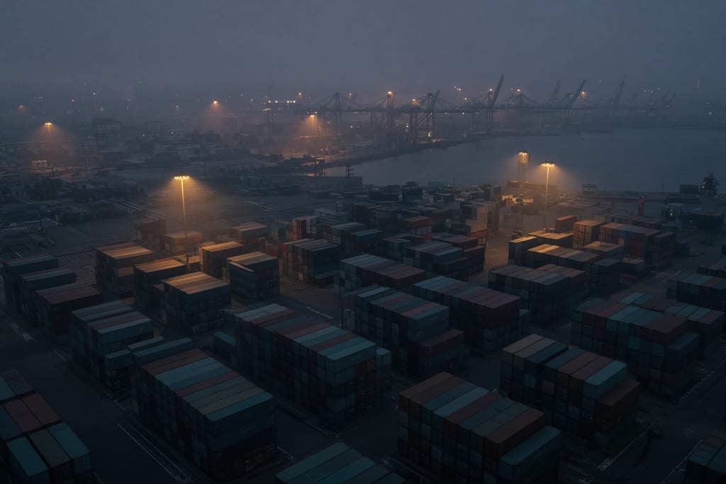 Dusk container terminal under amber floodlights
