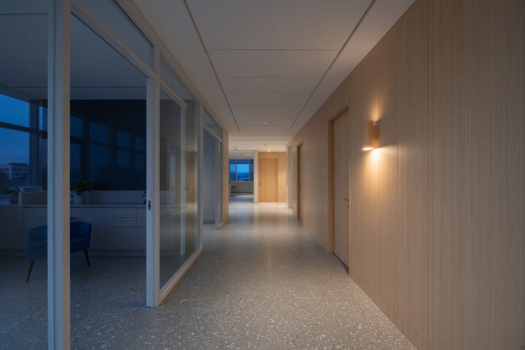 Quiet contemporary clinic corridor at blue hour